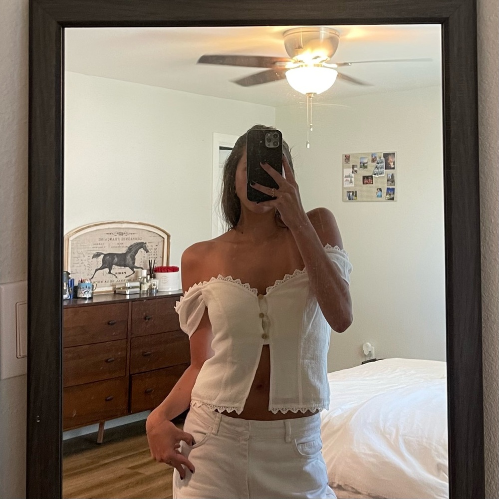 White Lace Trimmed Off the Shoulder Top
